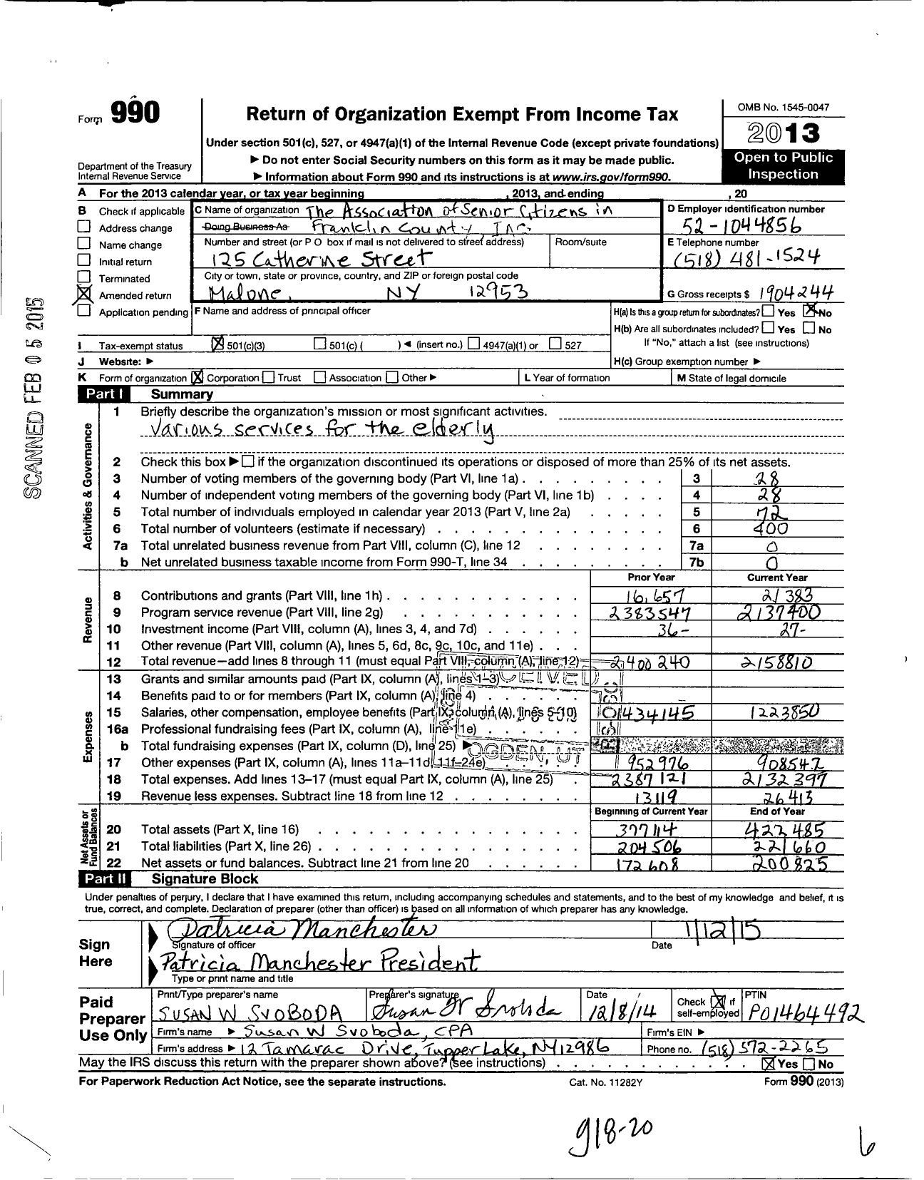 Image of first page of 2013 Form 990 for The Association of Senior Citizens in Franklin County