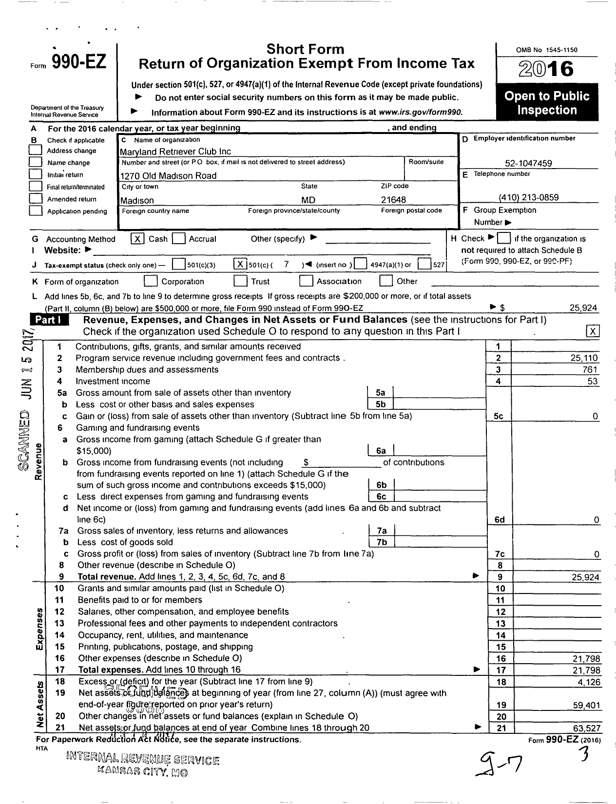 Image of first page of 2016 Form 990EO for Maryland Retriever Club