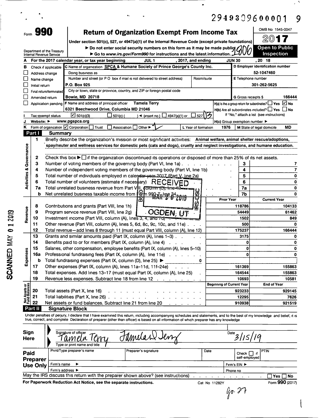 Image of first page of 2017 Form 990 for Spca and Humane Society of Prince George's County