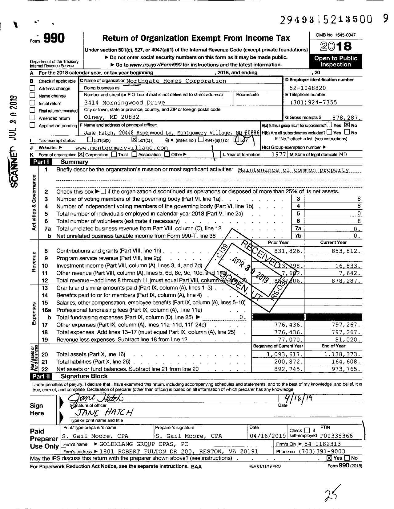Image of first page of 2018 Form 990O for Northgate Homes Corporation
