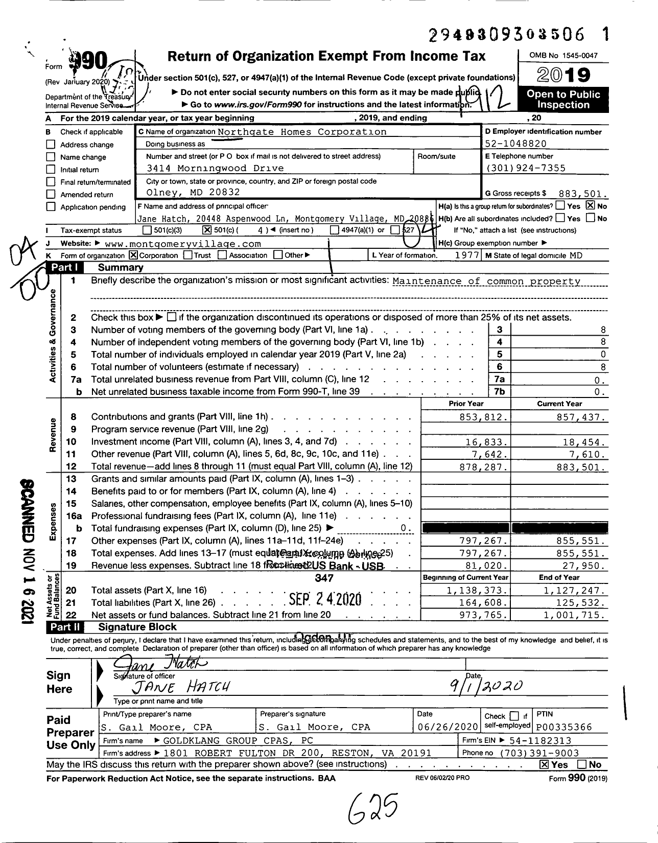 Image of first page of 2019 Form 990O for Northgate Homes Corporation