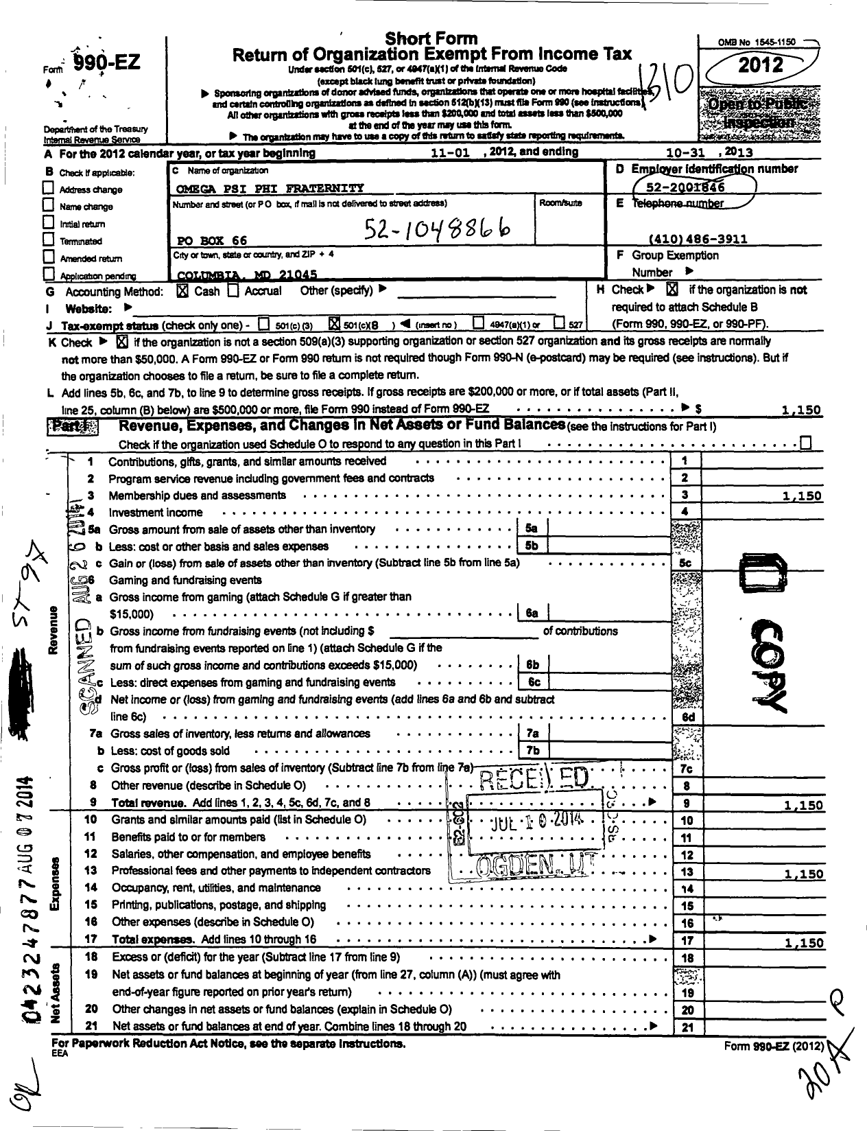 Image of first page of 2012 Form 990EO for The Omega Psi Phi Fraternity Tau Pi Chapter Columbia MD