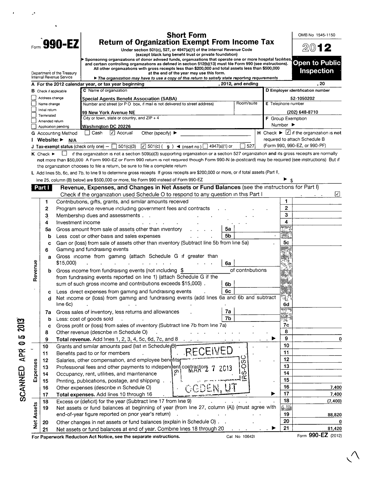 Image of first page of 2012 Form 990EO for Special Agent Benefit Association (SABA)
