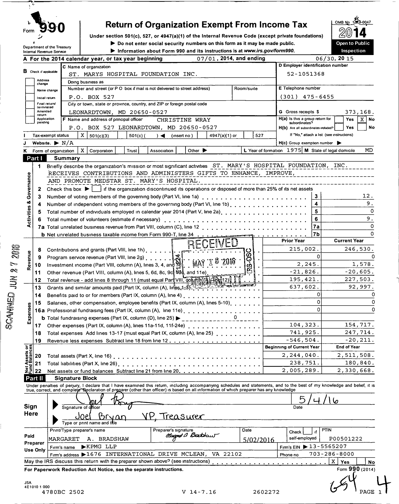 Image of first page of 2014 Form 990 for St Marys Hospital Foundation