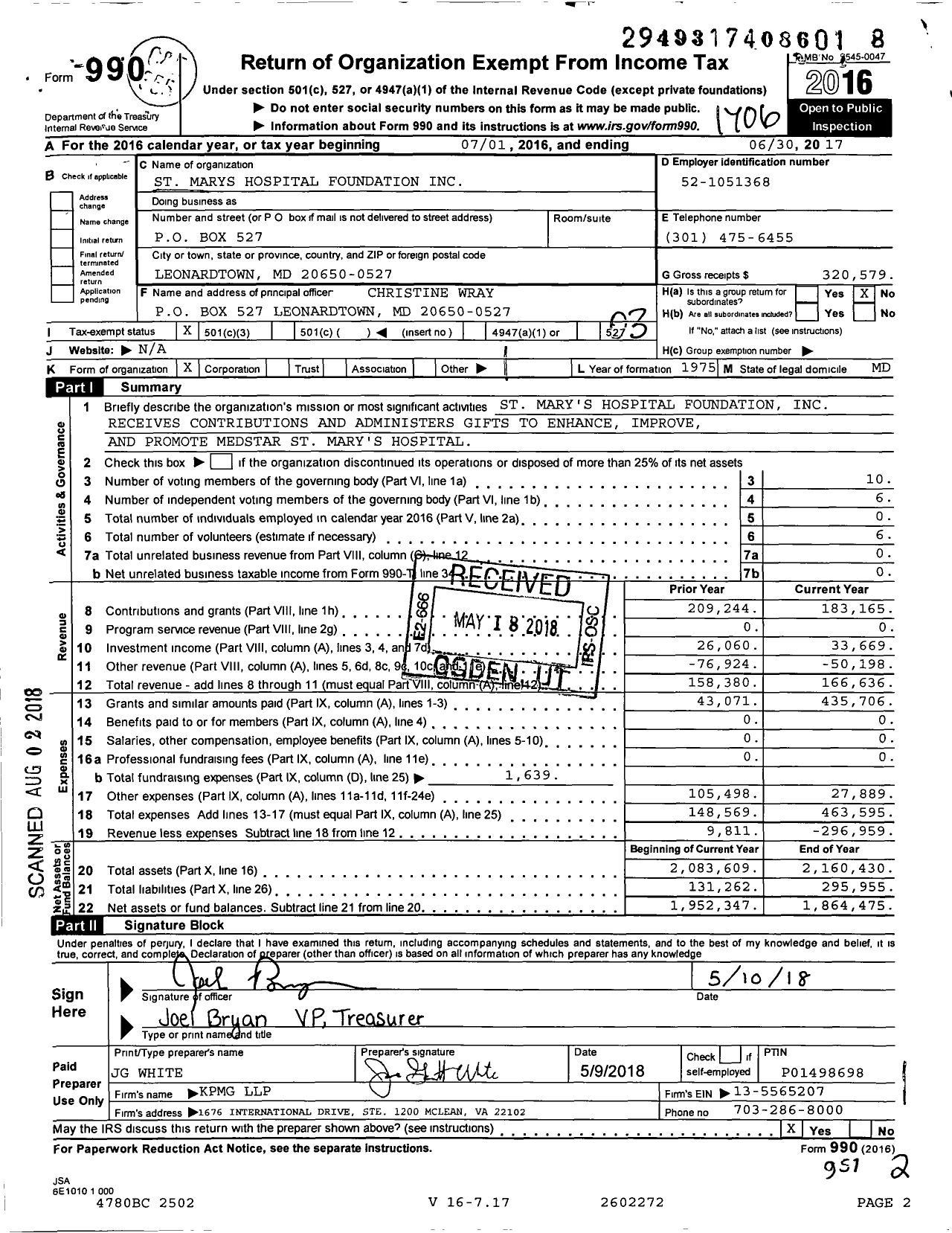 Image of first page of 2016 Form 990 for St Marys Hospital Foundation