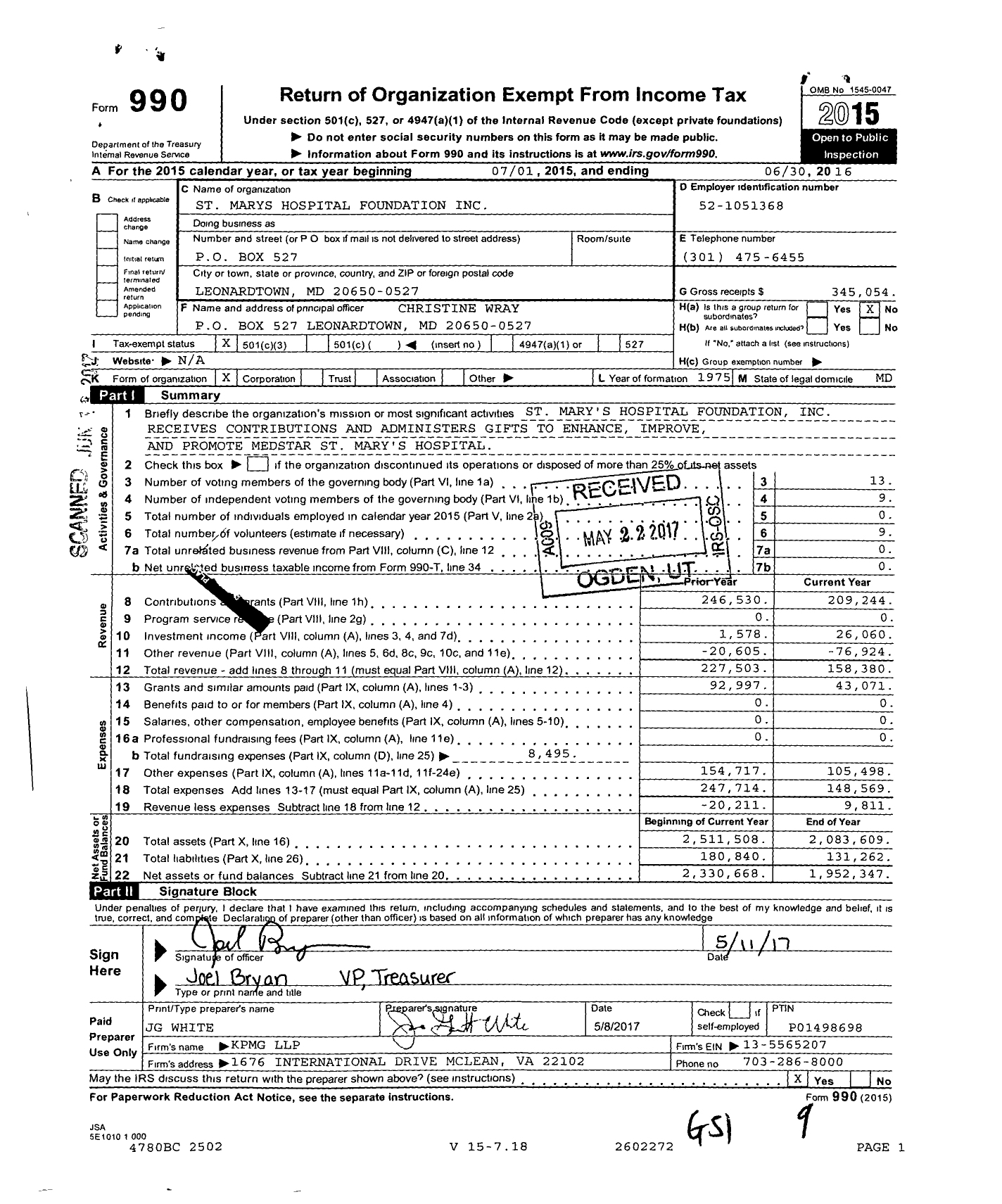 Image of first page of 2015 Form 990 for St Marys Hospital Foundation