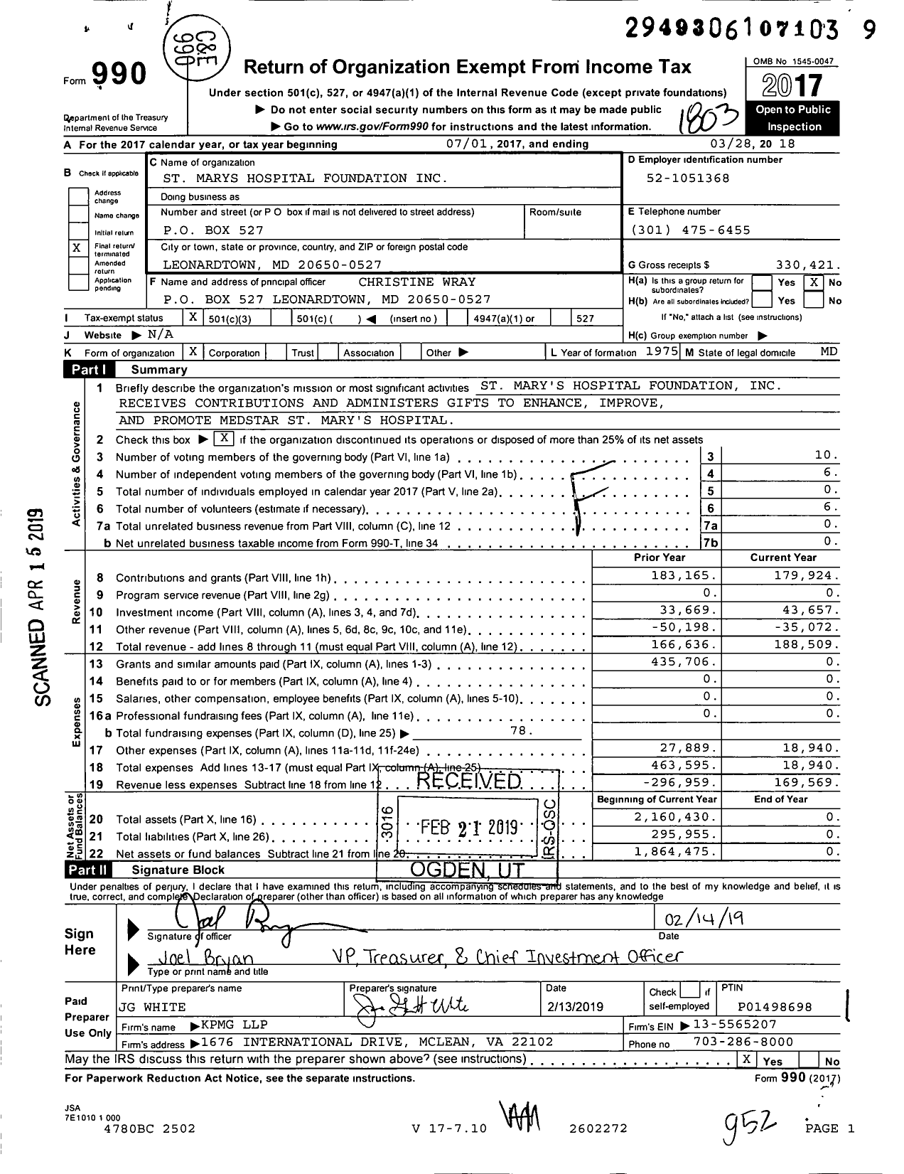 Image of first page of 2017 Form 990 for St Marys Hospital Foundation