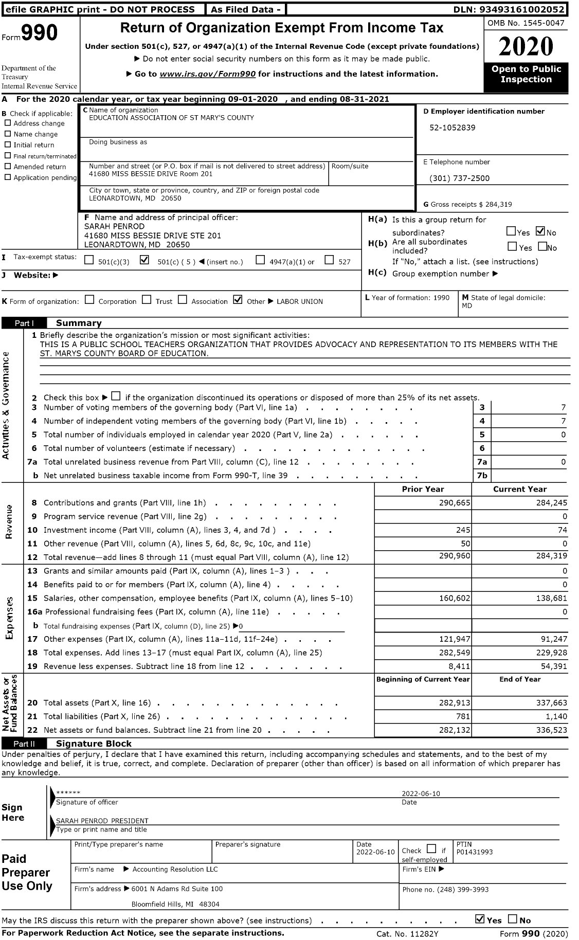 Image of first page of 2020 Form 990O for Education Association of St Mary's County