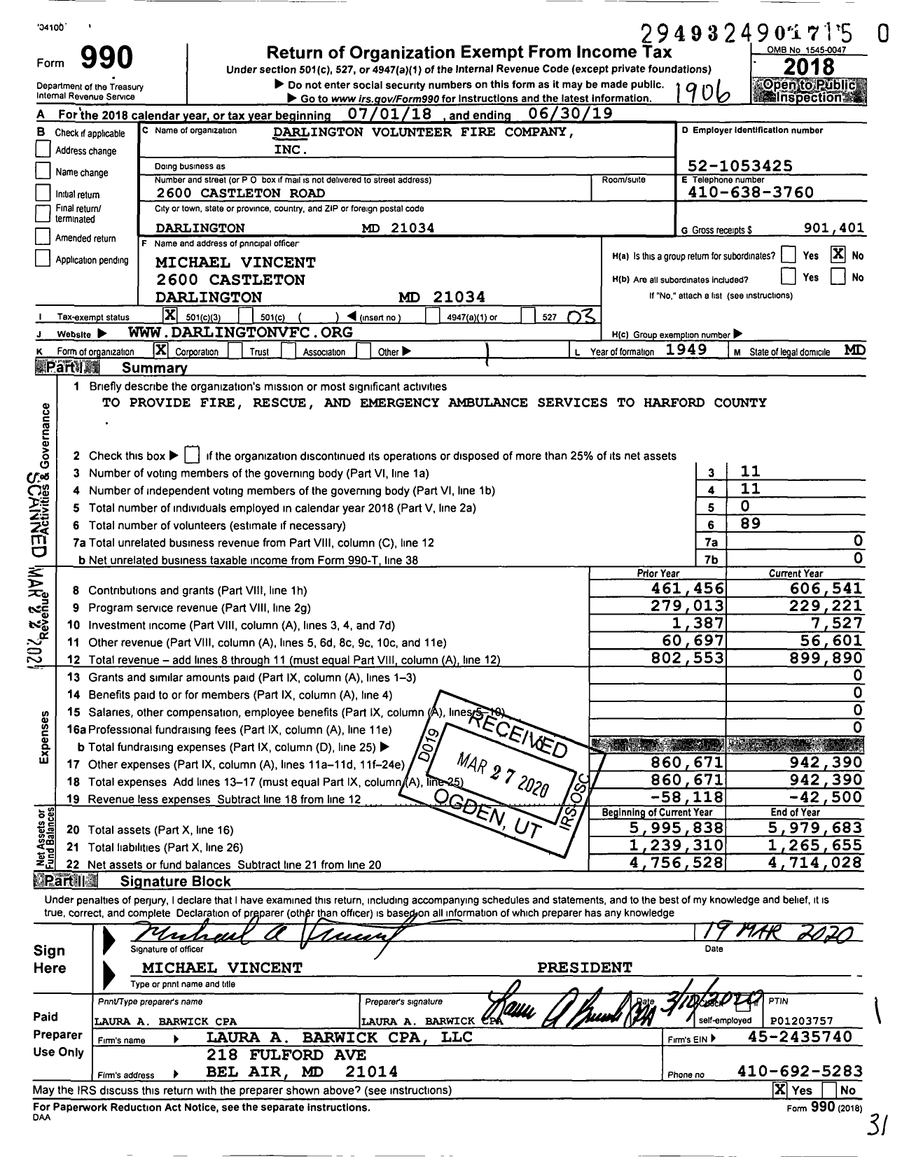 Image of first page of 2018 Form 990 for Darlington Volunteer Fire Company