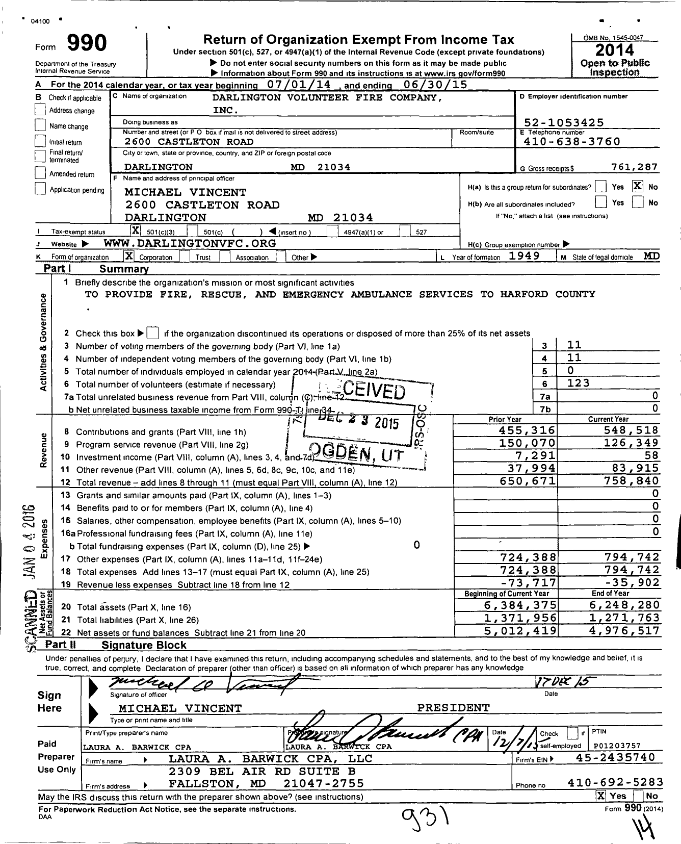 Image of first page of 2014 Form 990 for Darlington Volunteer Fire Company