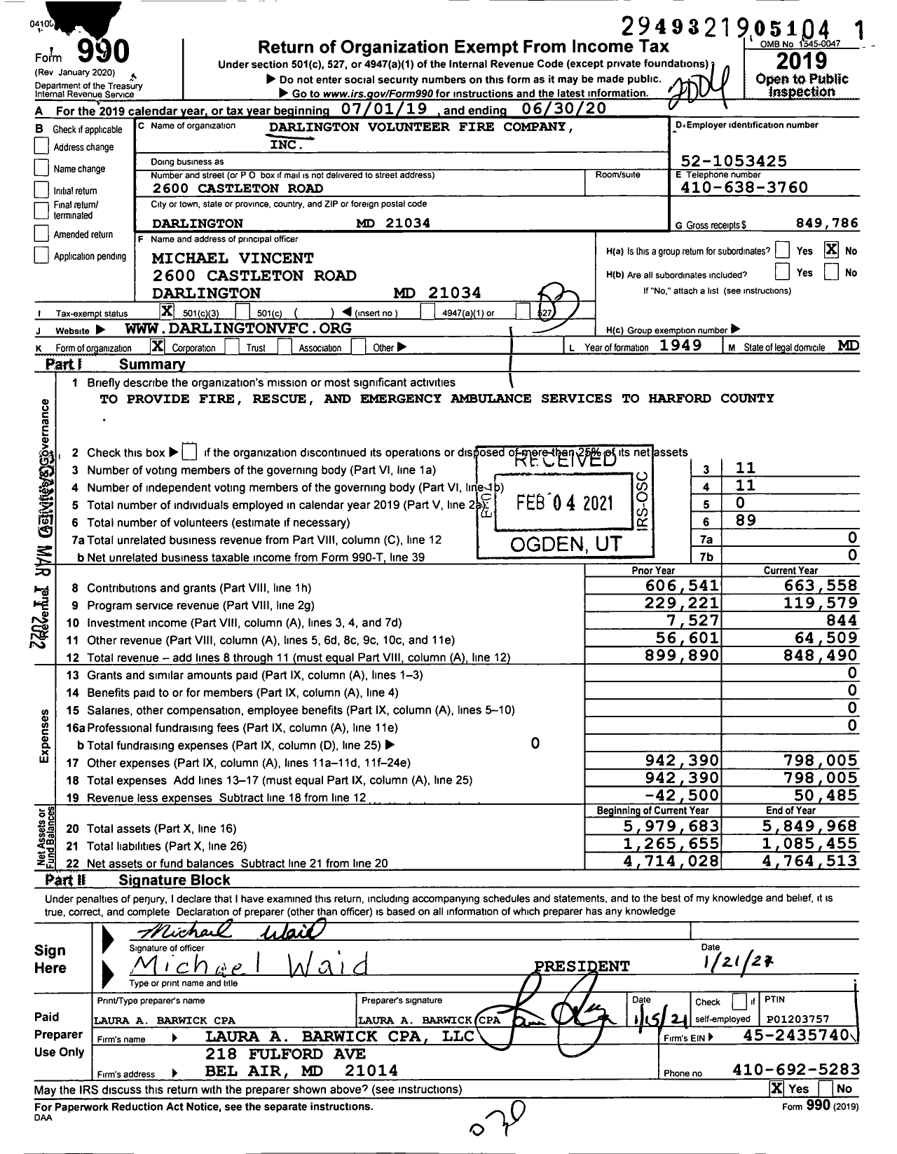 Image of first page of 2019 Form 990 for Darlington Volunteer Fire Company