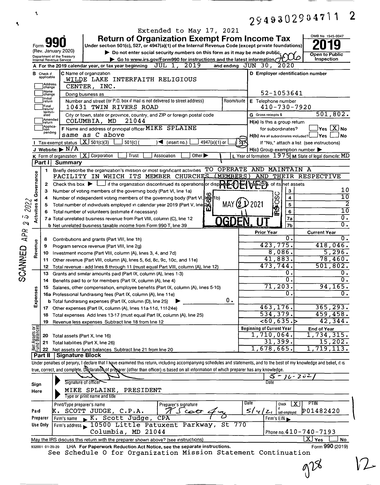 Image of first page of 2019 Form 990 for Wilde Lake Interfaith Religious Center