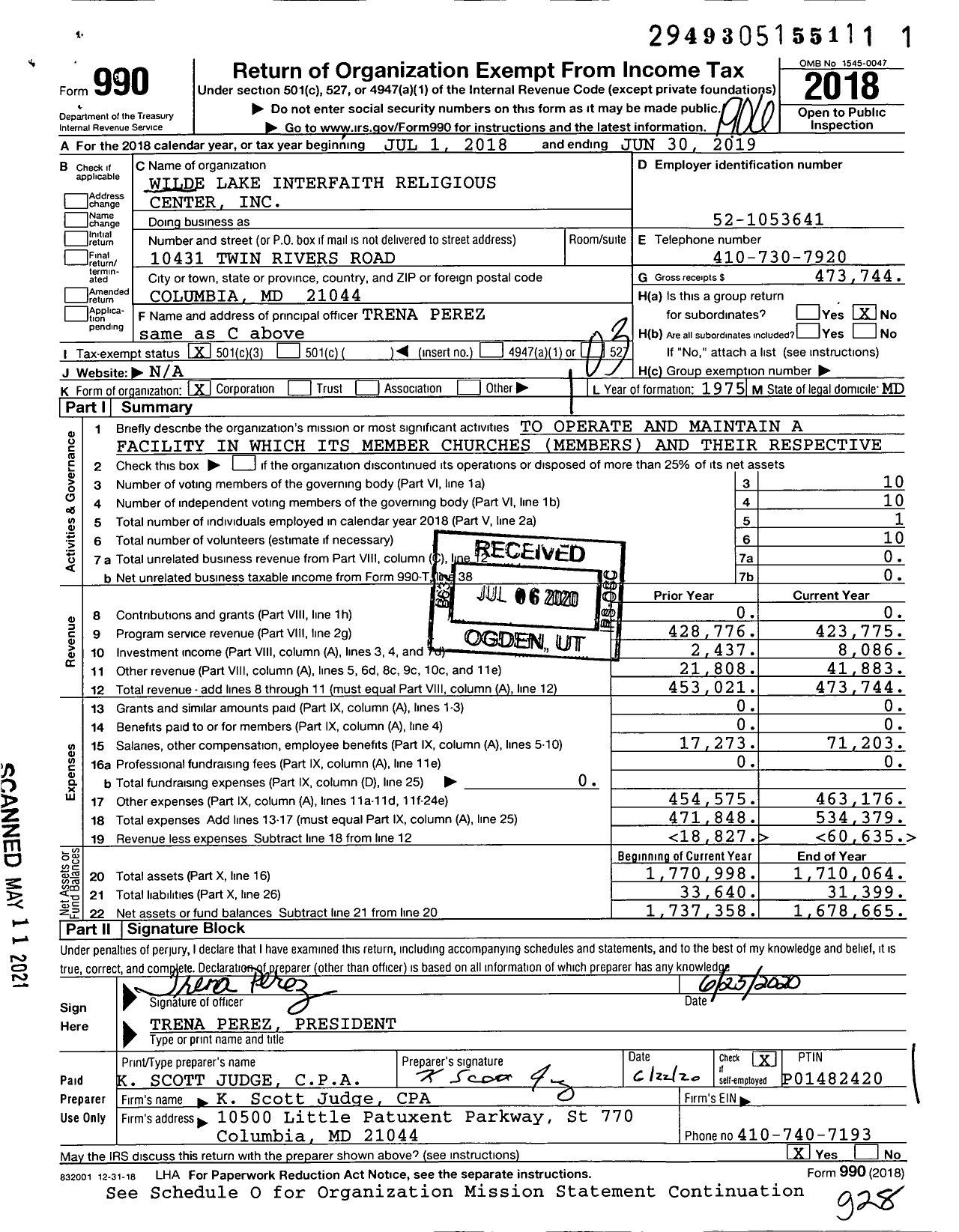 Image of first page of 2018 Form 990 for Wilde Lake Interfaith Religious Center