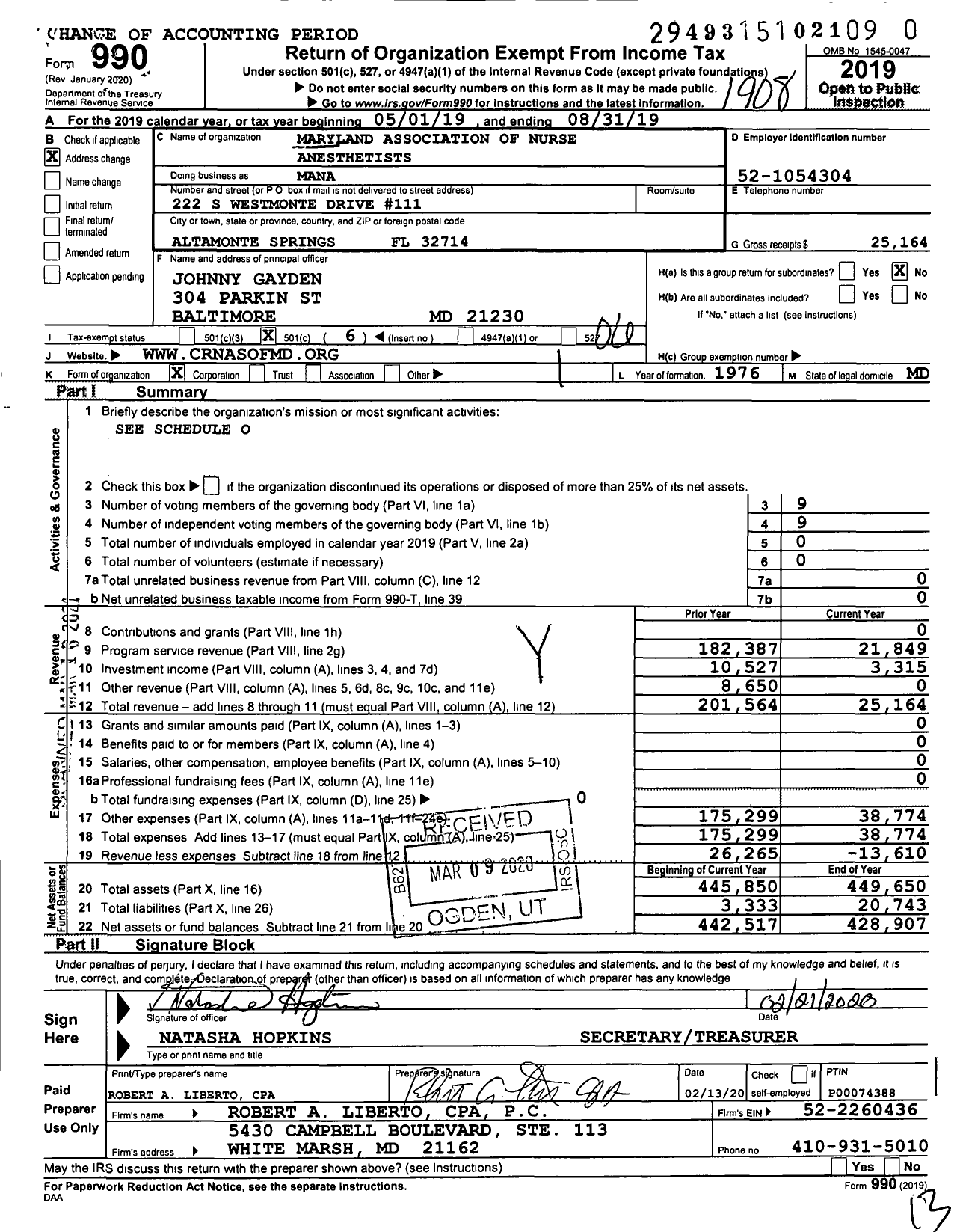 Image of first page of 2018 Form 990O for Maryland Association of Nurse Anesthetists (MANA)