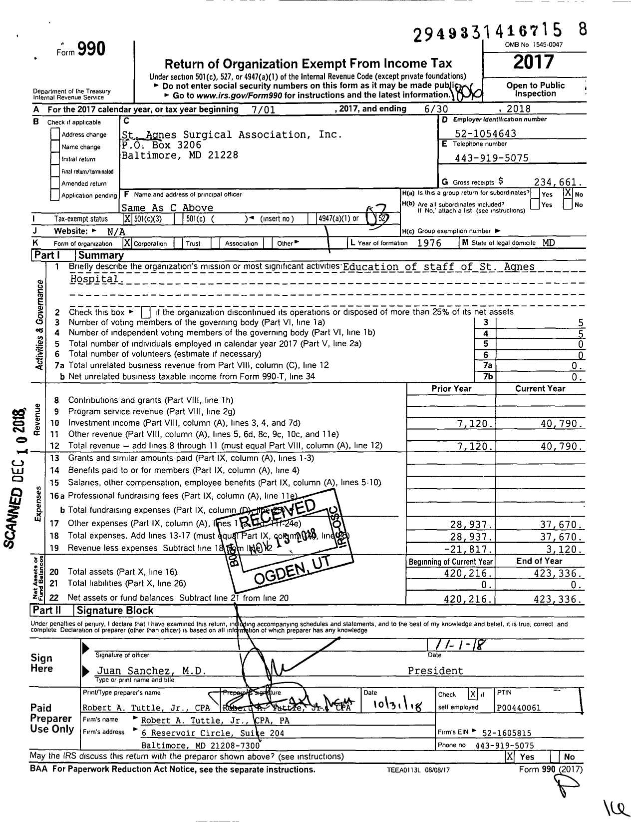 Image of first page of 2017 Form 990 for St Agnes Surgical Association