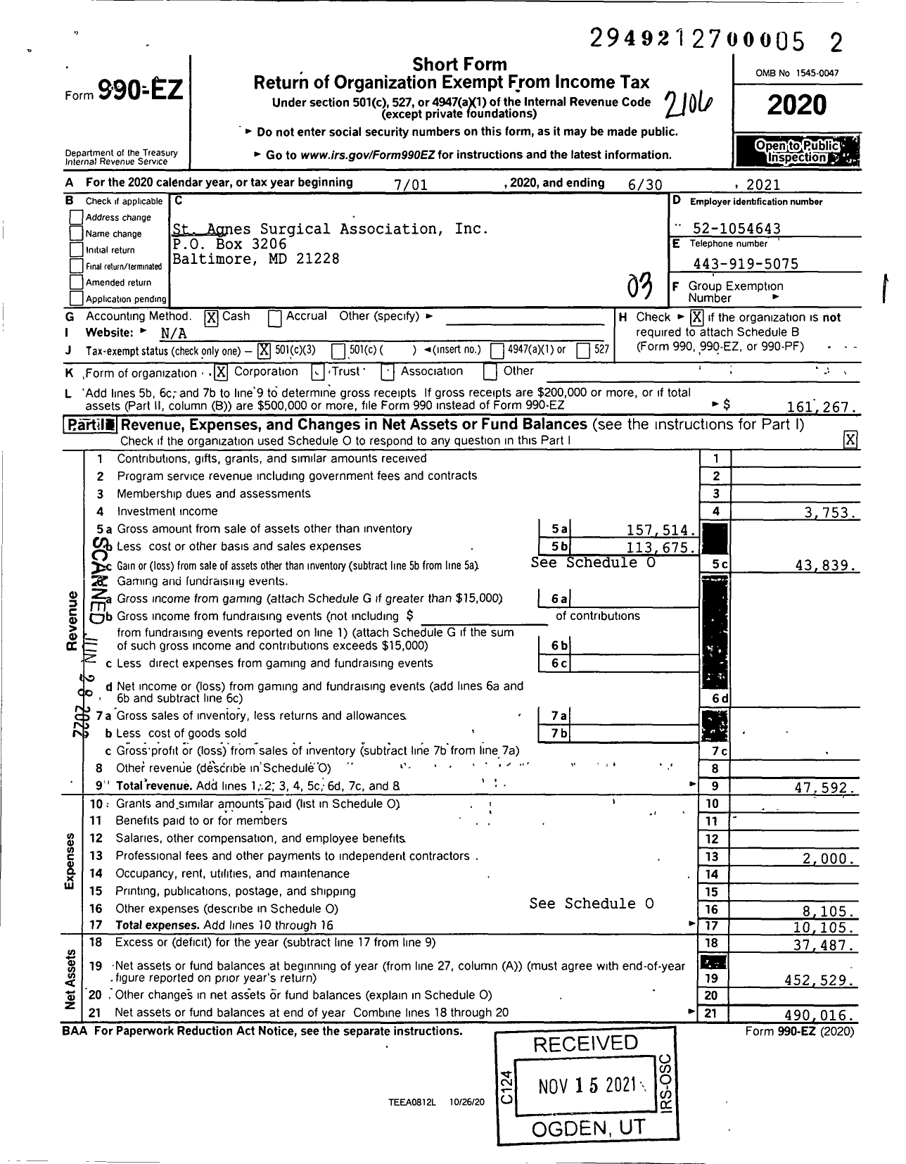 Image of first page of 2020 Form 990EZ for St Agnes Surgical Association