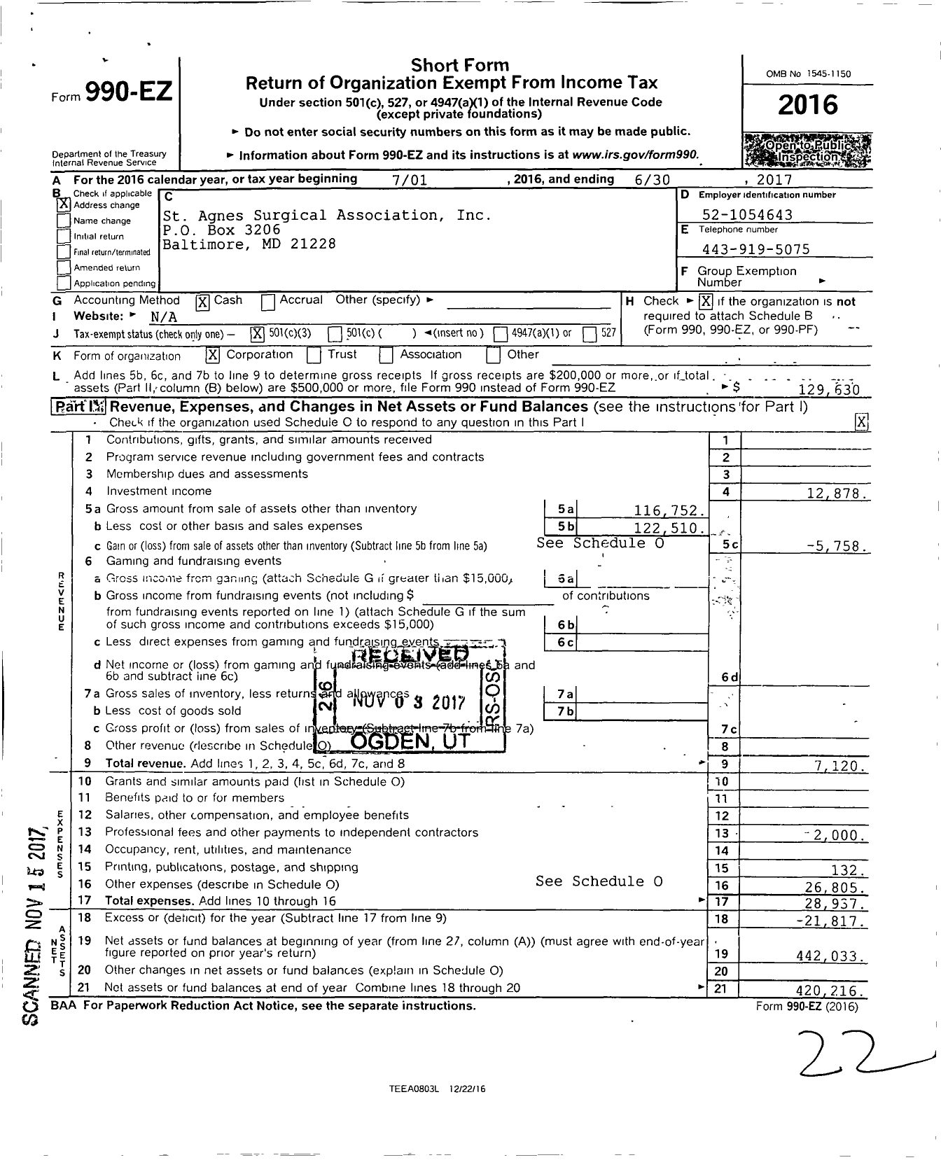 Image of first page of 2016 Form 990EZ for St Agnes Surgical Association