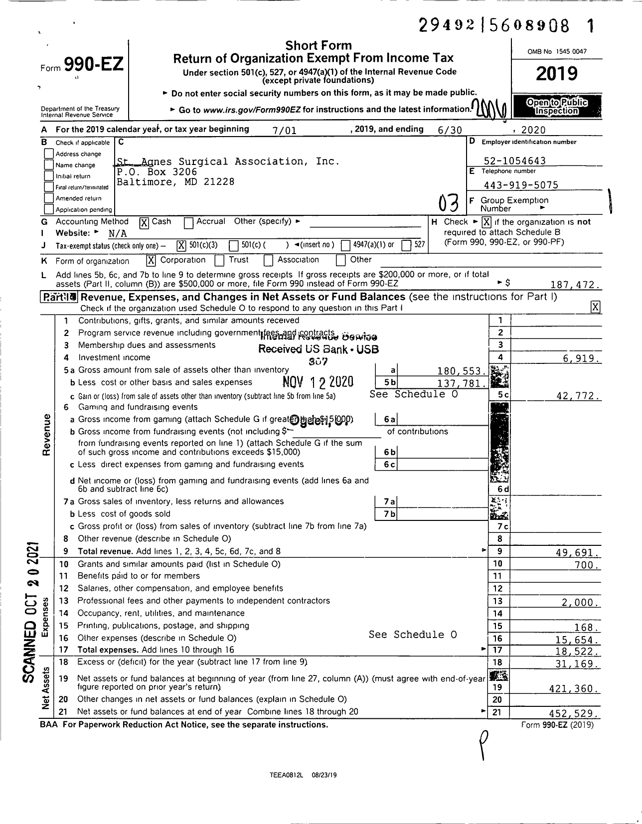 Image of first page of 2019 Form 990EZ for St Agnes Surgical Association