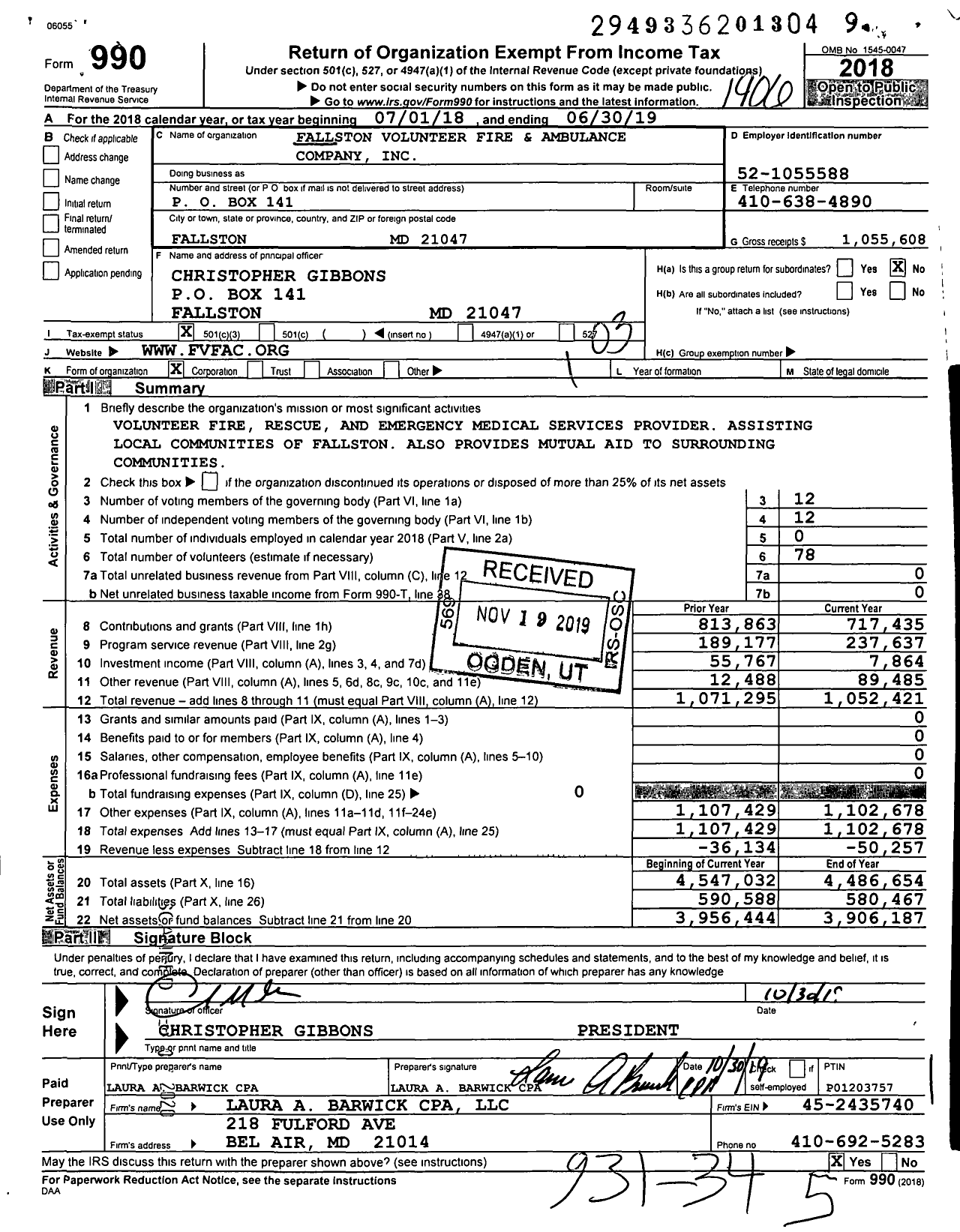 Image of first page of 2018 Form 990 for Fallston Volunteer Fire and Ambulance