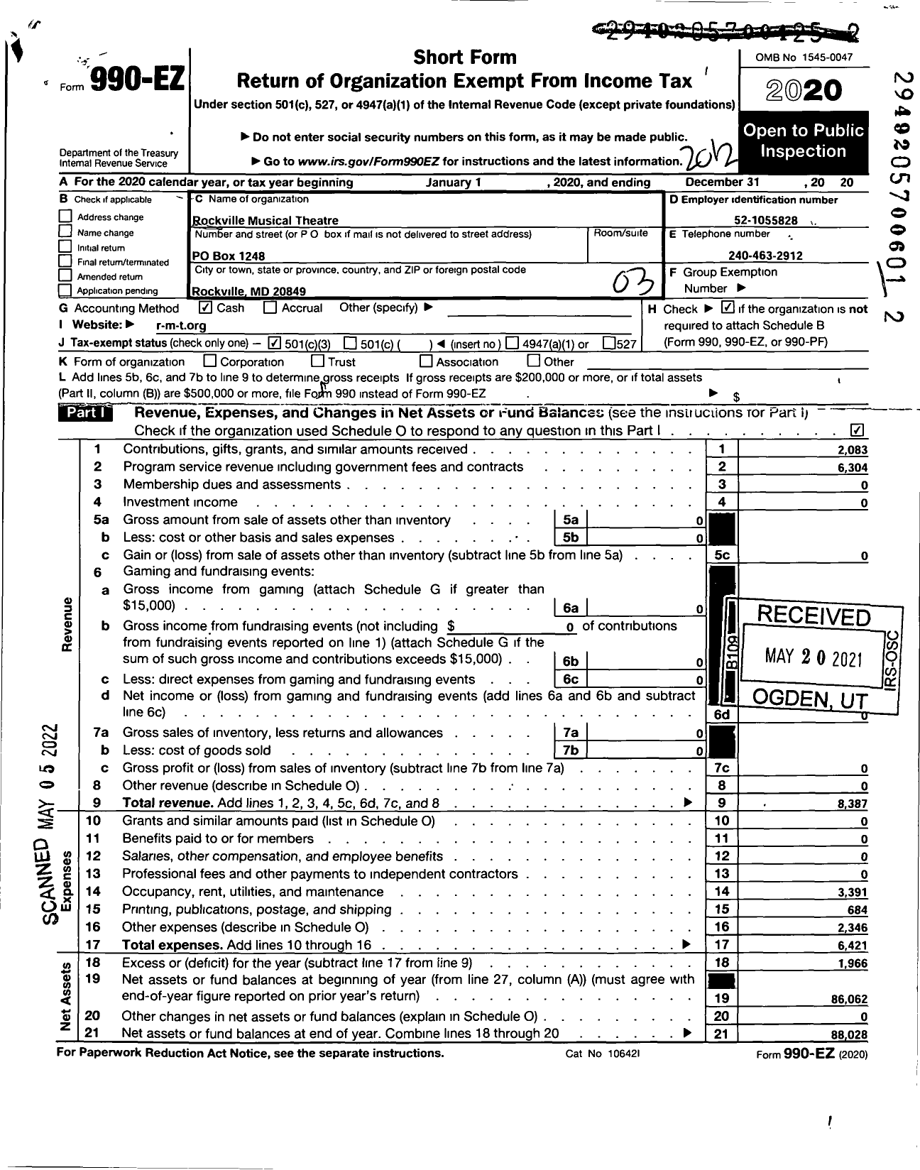 Image of first page of 2020 Form 990EZ for Rockville Musical Theatre