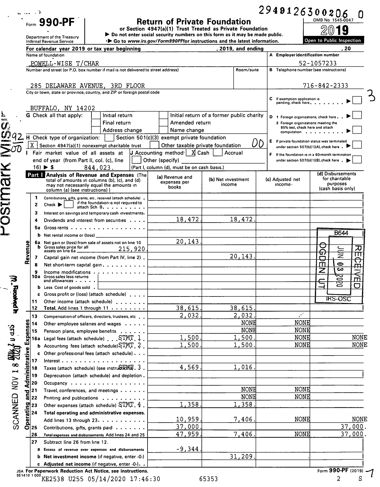 Image of first page of 2019 Form 990PF for Powell-Wise Tchar