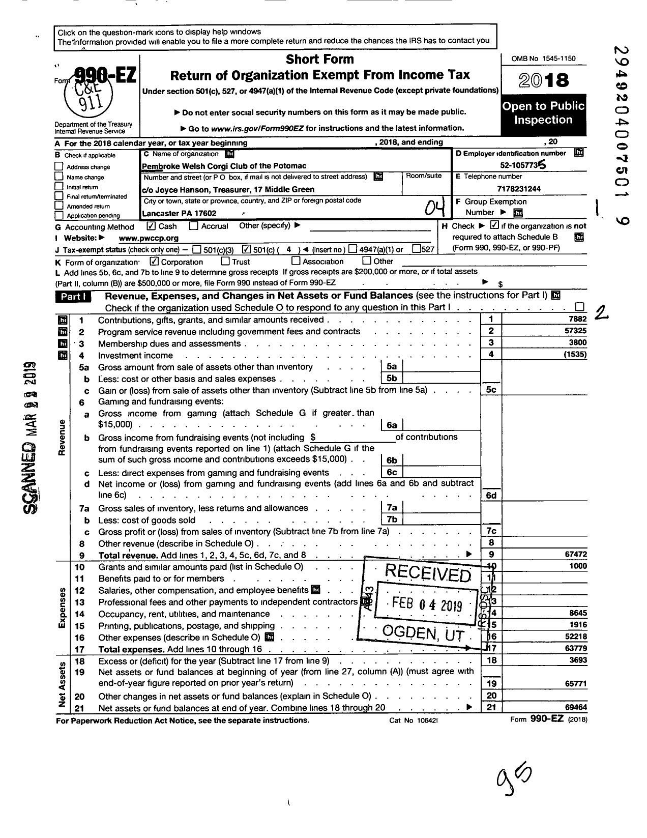 Image of first page of 2018 Form 990EO for Pembroke Welsh Corgi Club of the Potomac