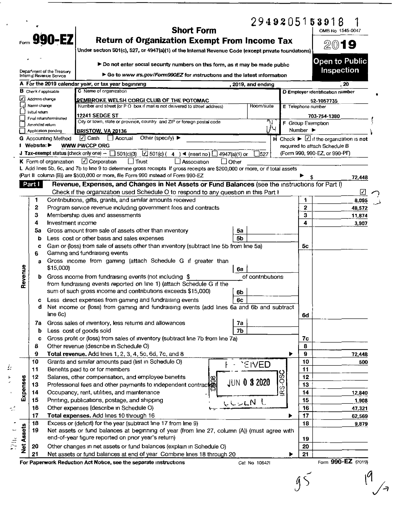 Image of first page of 2019 Form 990EO for Pembroke Welsh Corgi Club of the Potomac