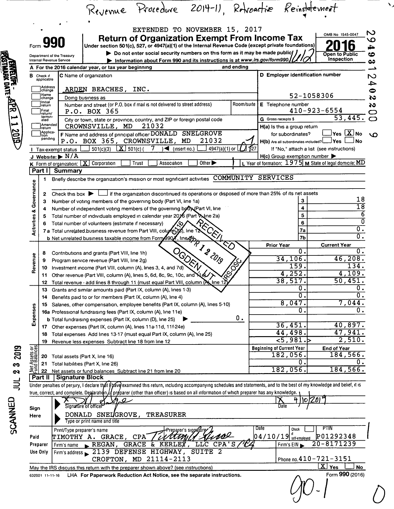 Image of first page of 2016 Form 990O for Arden Beaches