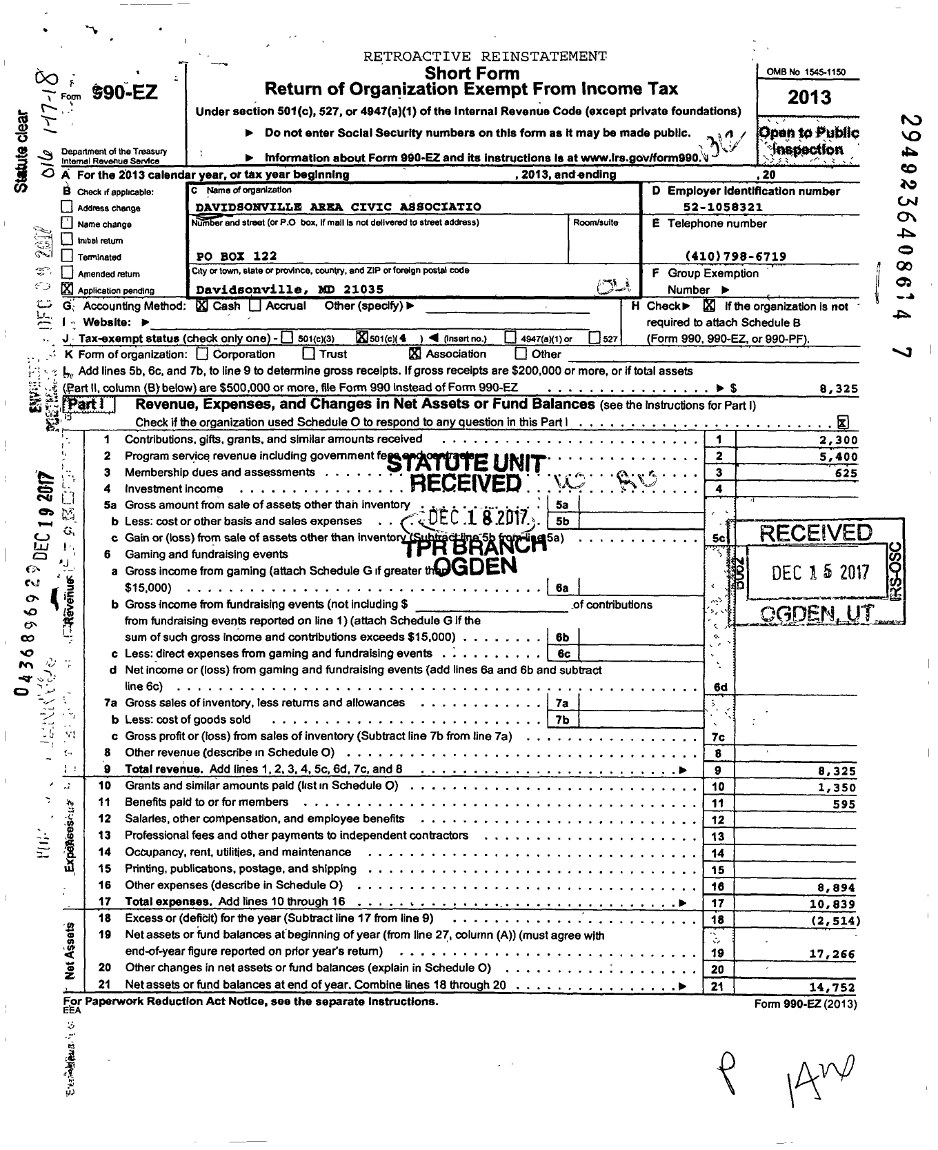 Image of first page of 2013 Form 990EO for Davidsonville Area Civic Association