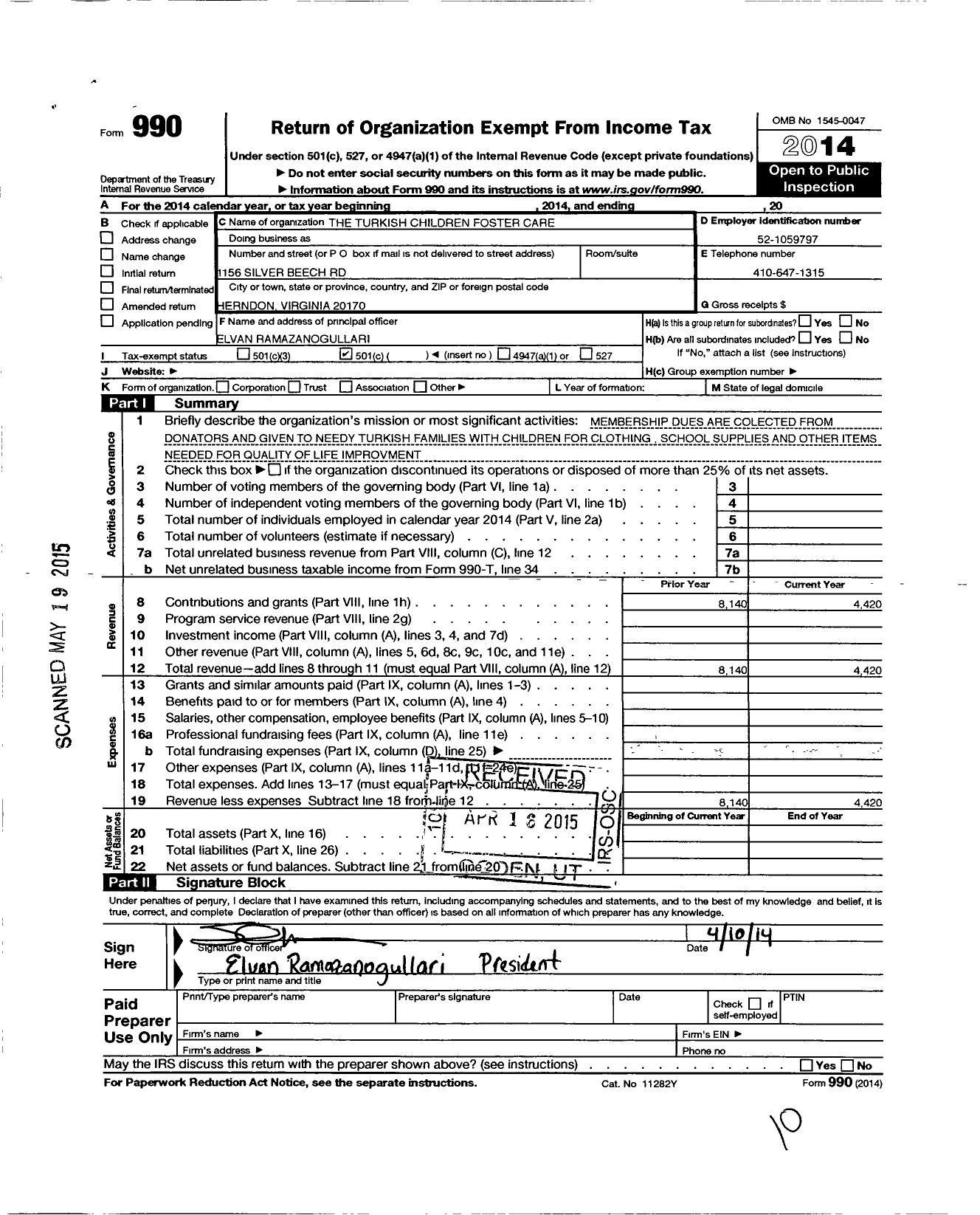 Image of first page of 2014 Form 990O for Turkish Children Foster Care