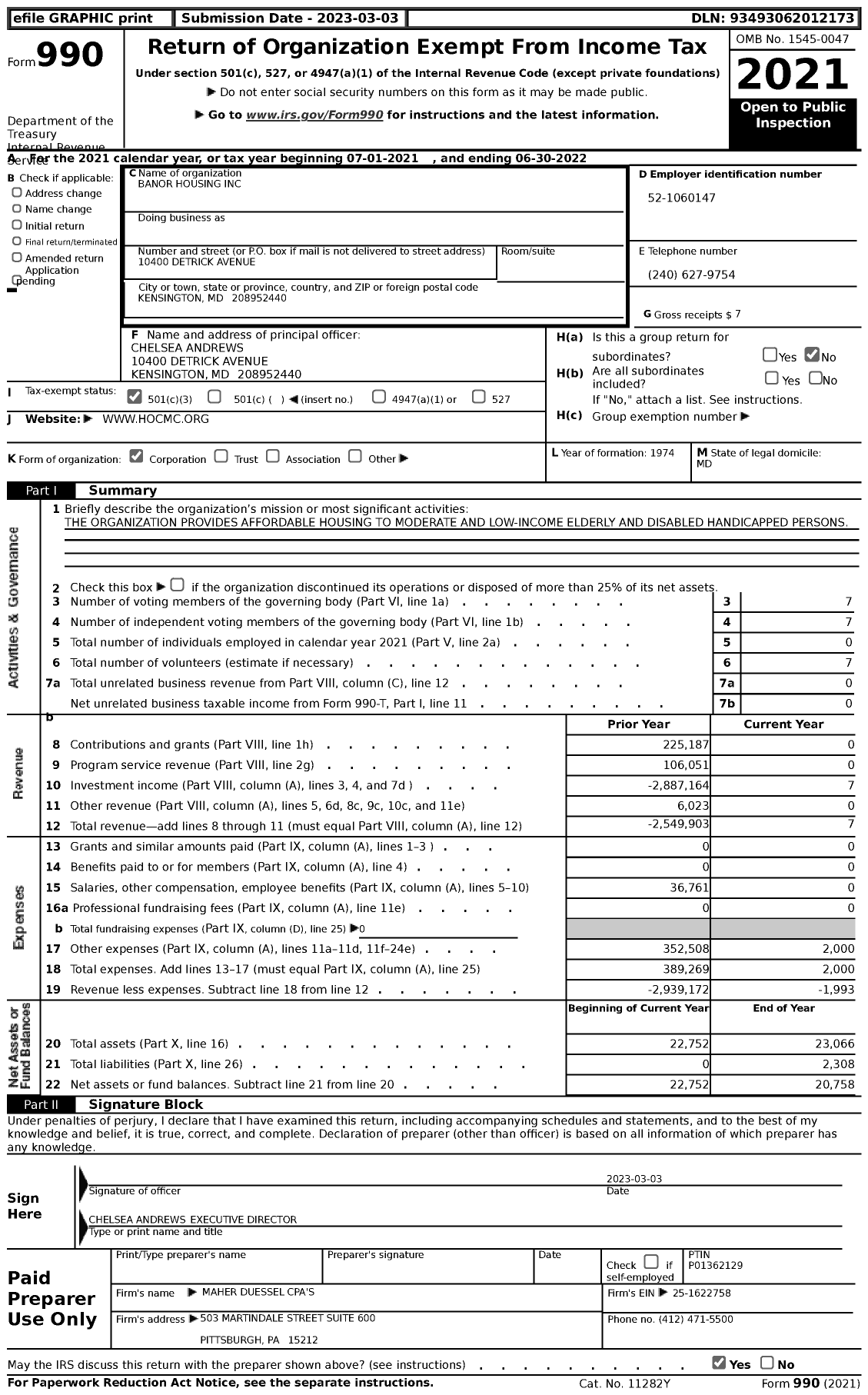 Image of first page of 2021 Form 990 for Banor Housing