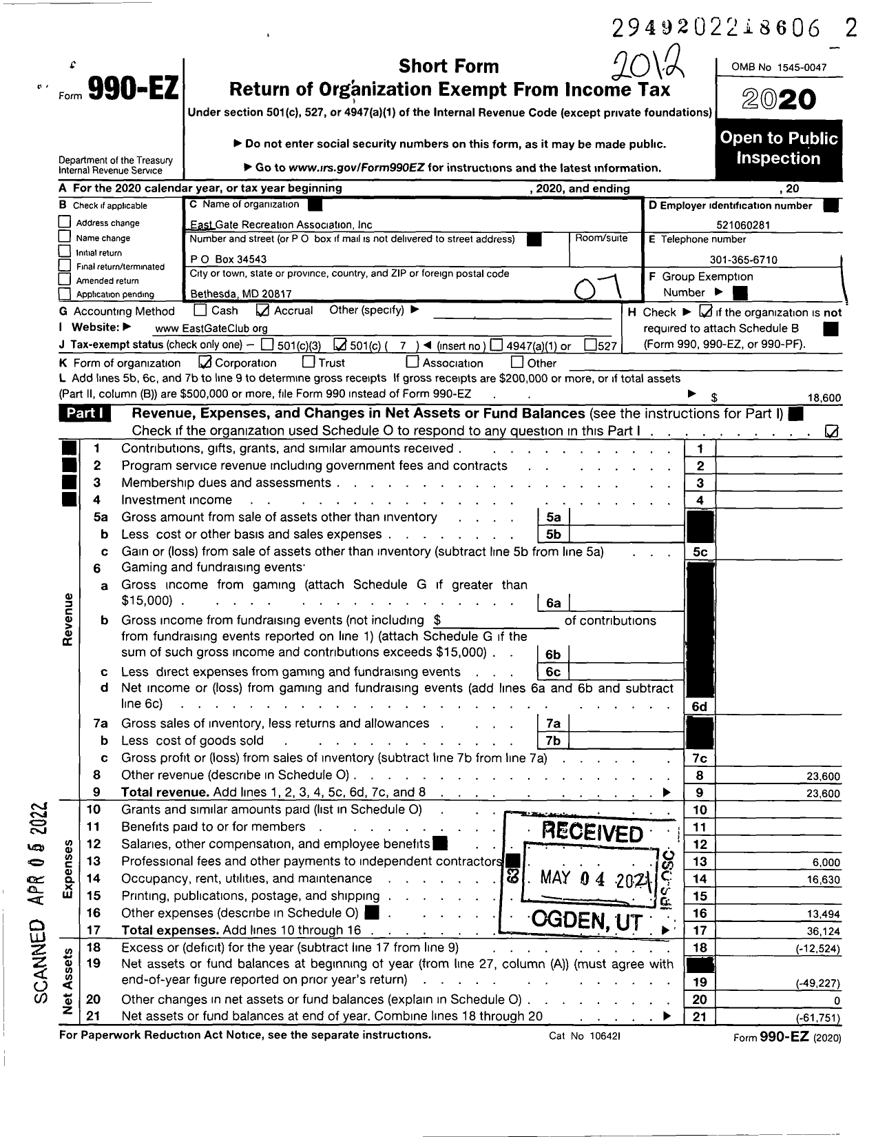 Image of first page of 2020 Form 990EO for East-Gate Recreation Association