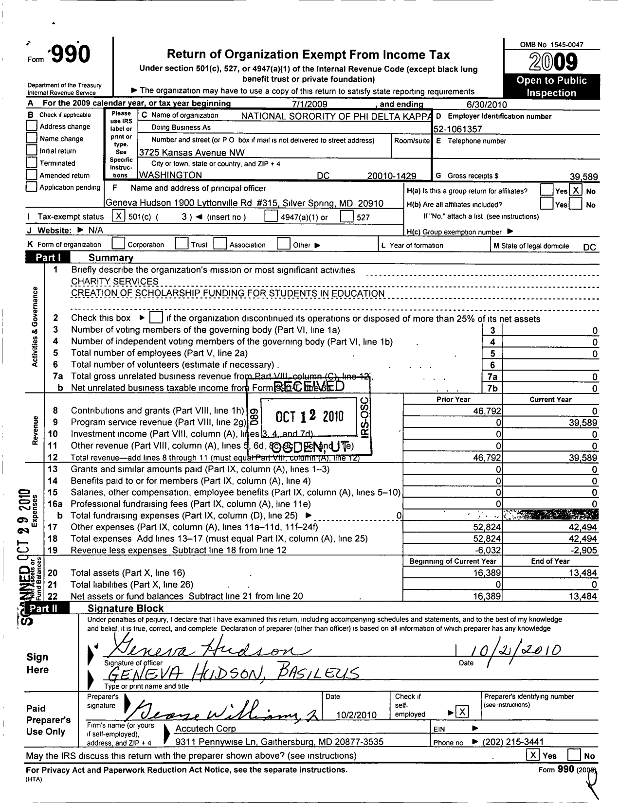 Image of first page of 2009 Form 990 for National Sorority of Phi Delta Kappa / Beta Chapter