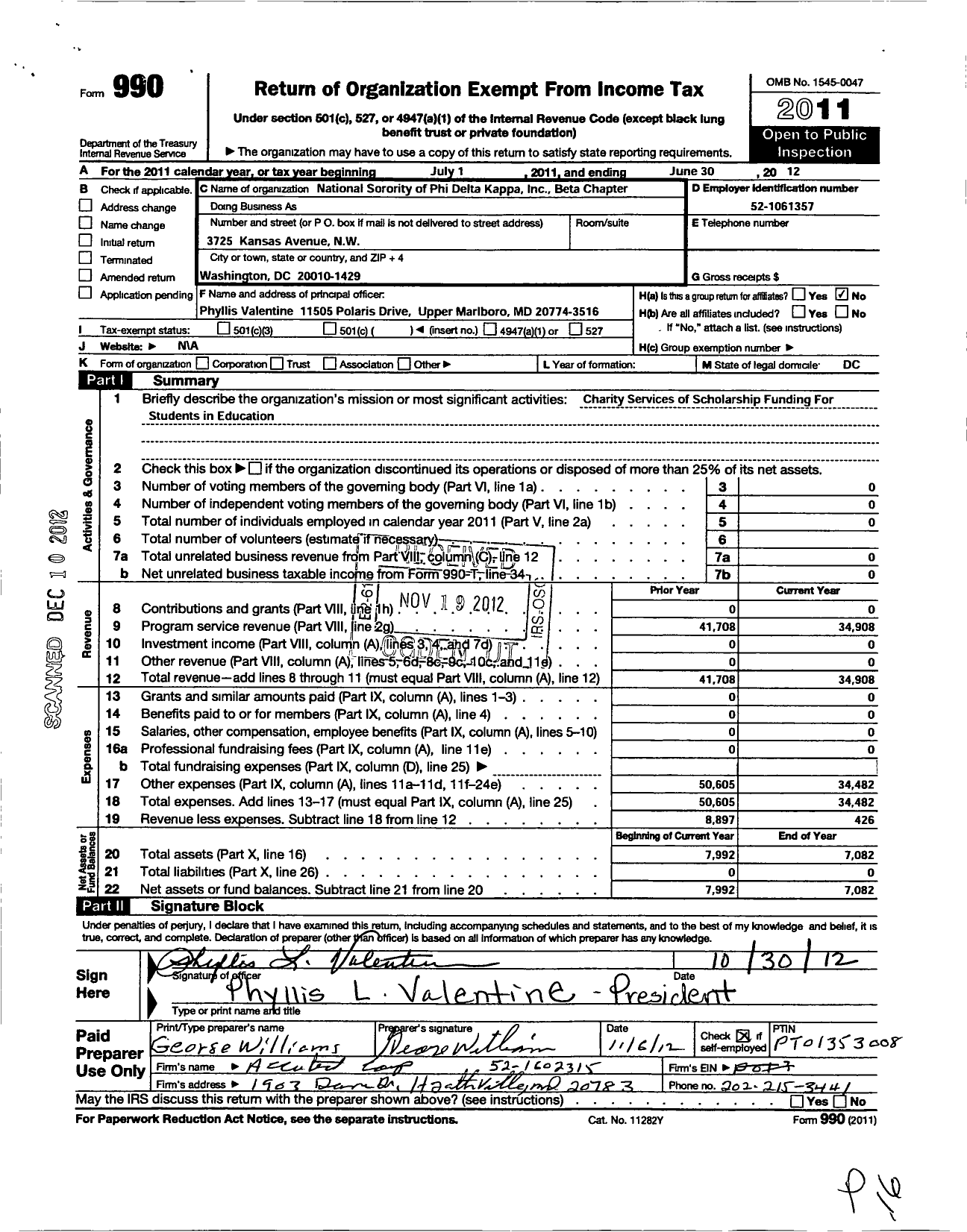 Image of first page of 2011 Form 990O for National Sorority of Phi Delta Kappa / Beta Chapter