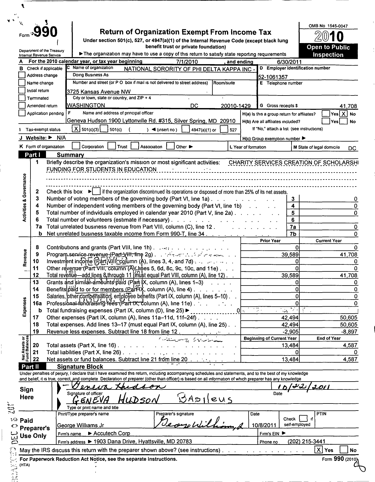 Image of first page of 2010 Form 990 for National Sorority of Phi Delta Kappa / Beta Chapter