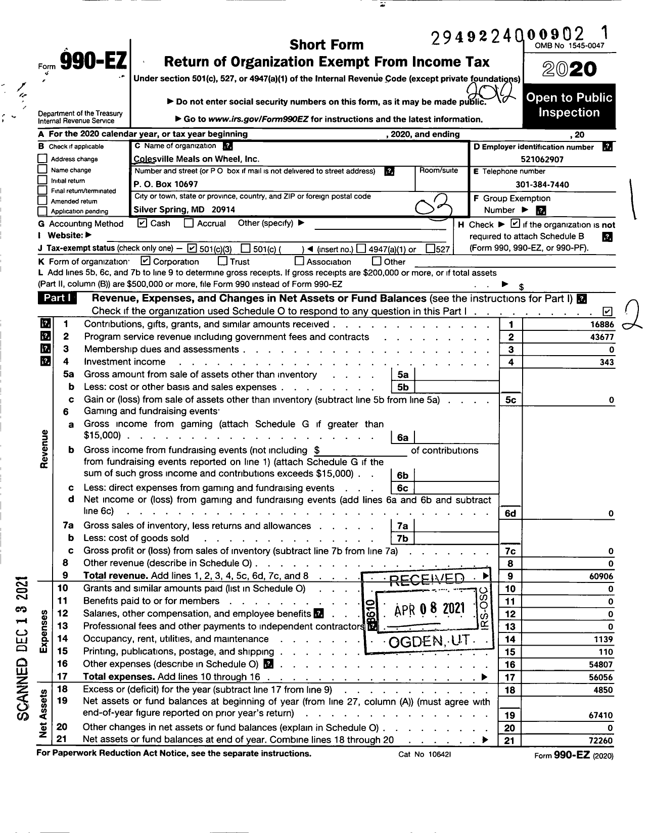 Image of first page of 2020 Form 990EZ for Colesville Meals on Wheels