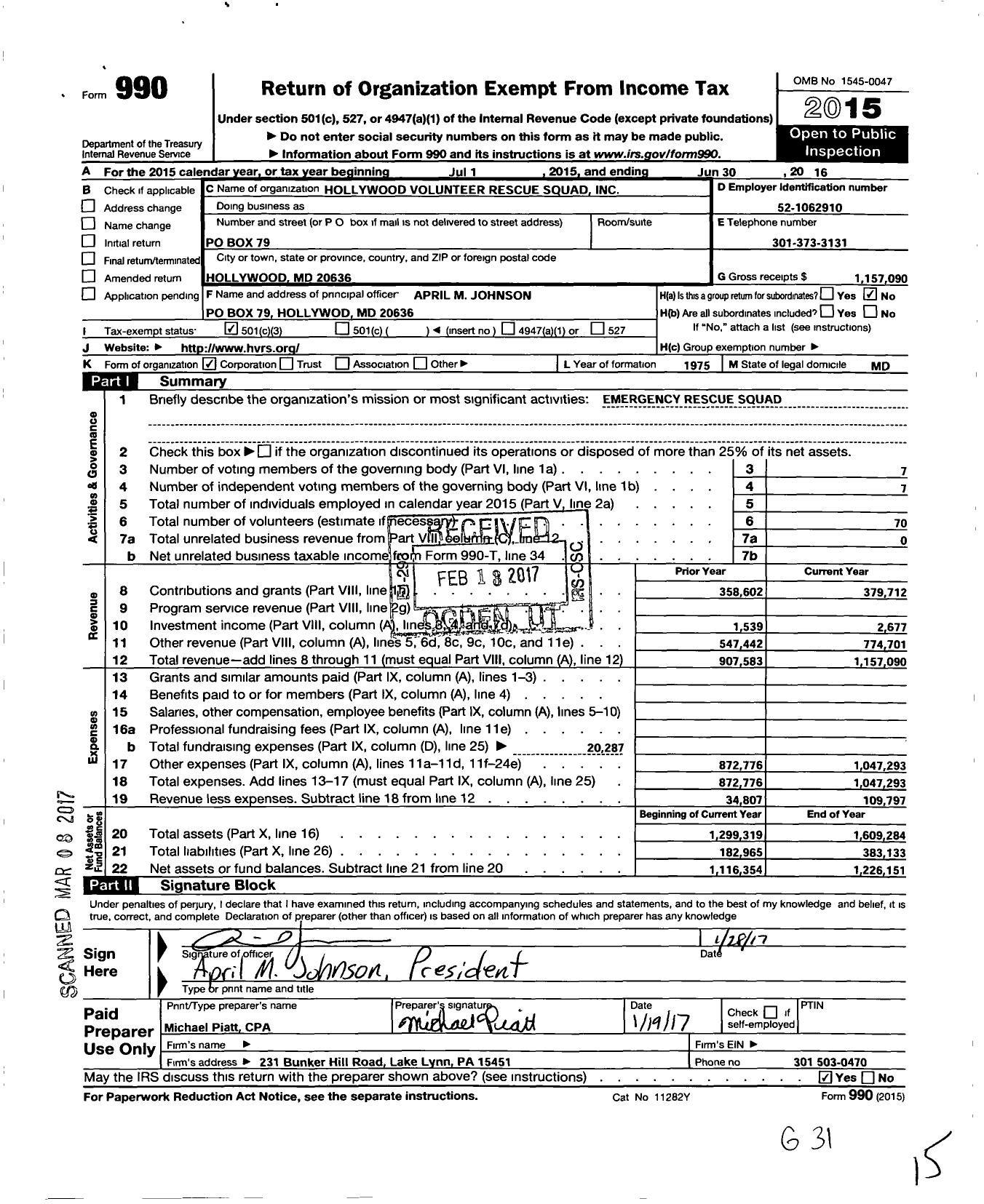 Image of first page of 2015 Form 990 for Hollywood Volunteer Rescue Squad