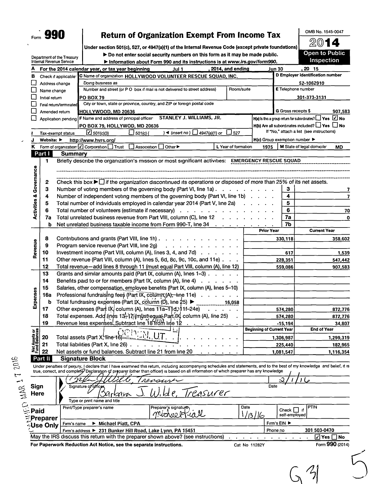 Image of first page of 2014 Form 990 for Hollywood Volunteer Rescue Squad