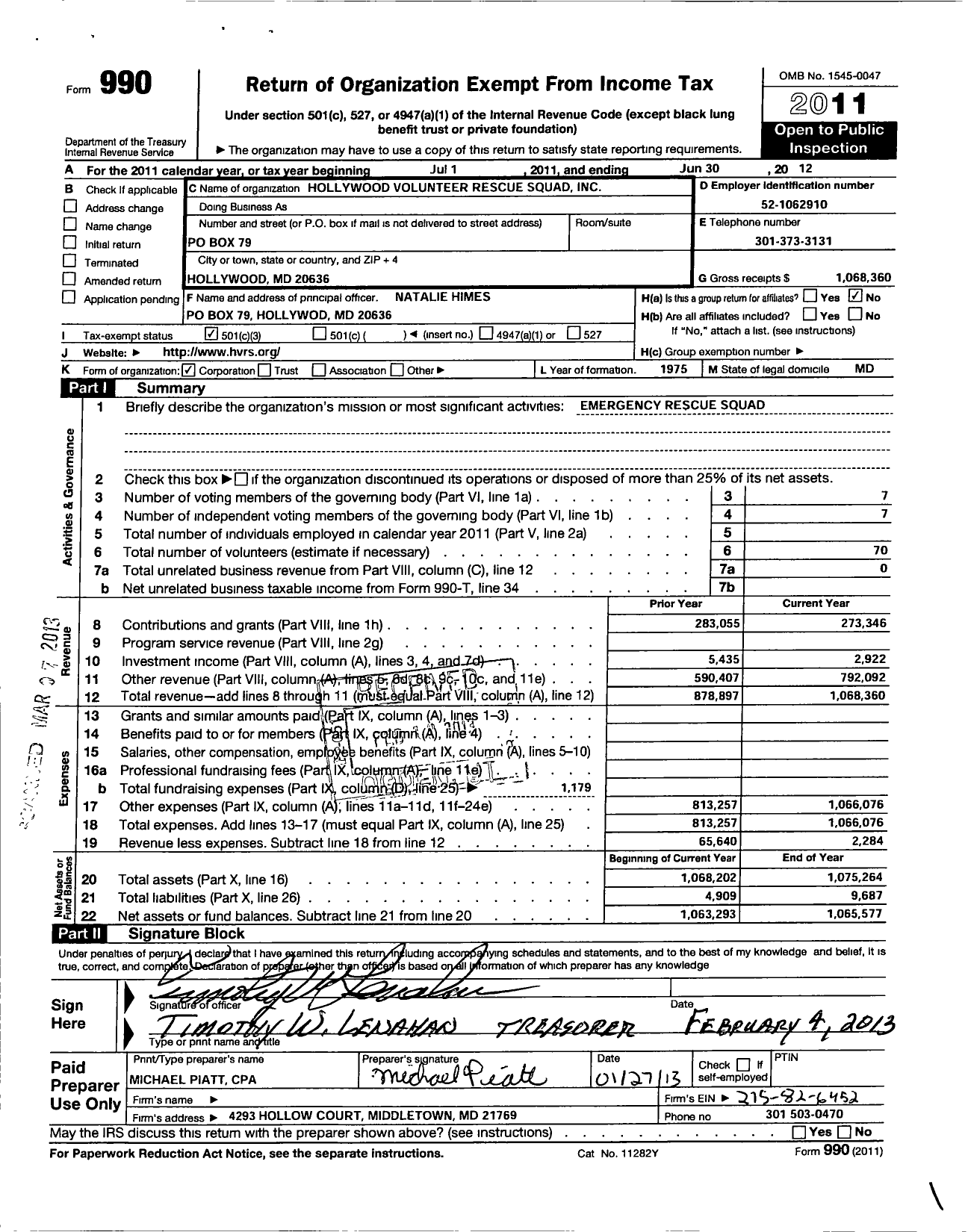 Image of first page of 2011 Form 990 for Hollywood Volunteer Rescue Squad