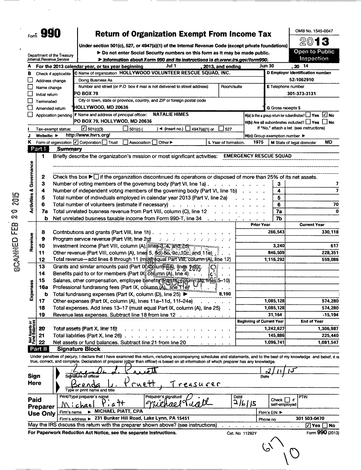 Image of first page of 2013 Form 990 for Hollywood Volunteer Rescue Squad