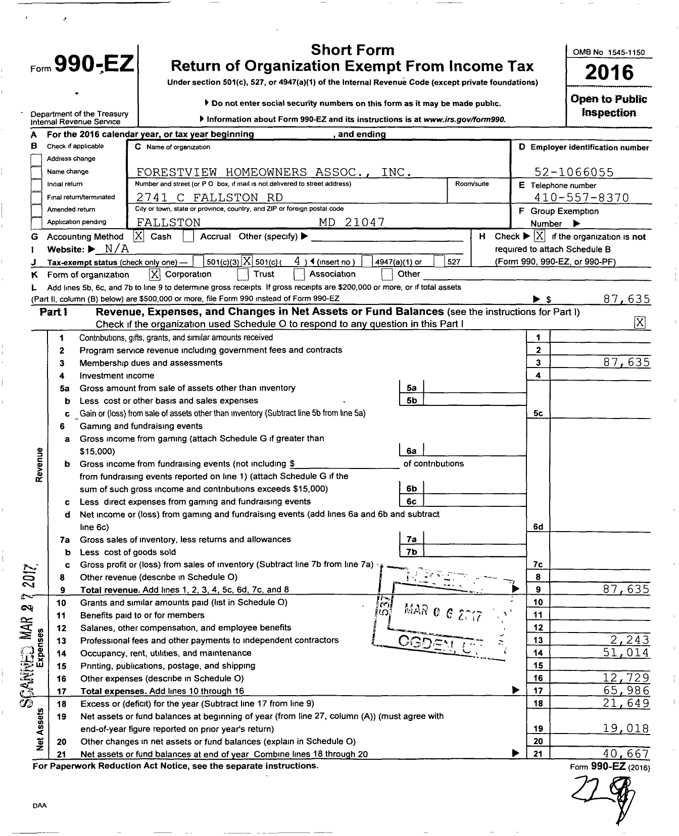 Image of first page of 2016 Form 990EO for Forestview Homeowners Association