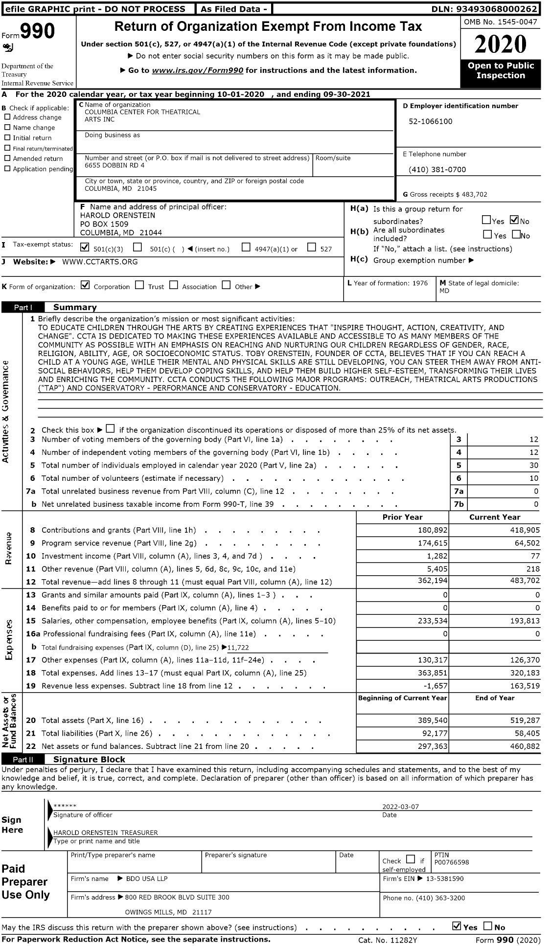 Image of first page of 2020 Form 990 for Columbia Center For Theatrical Arts