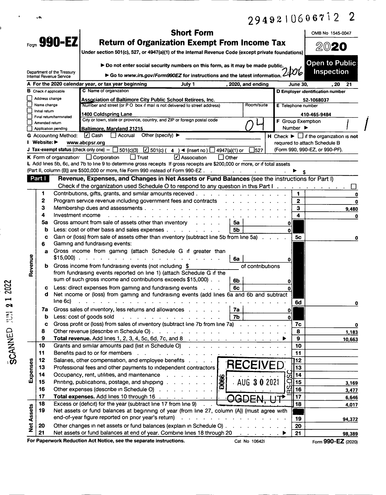 Image of first page of 2020 Form 990EO for The Association of Baltimore City Public School Retirees