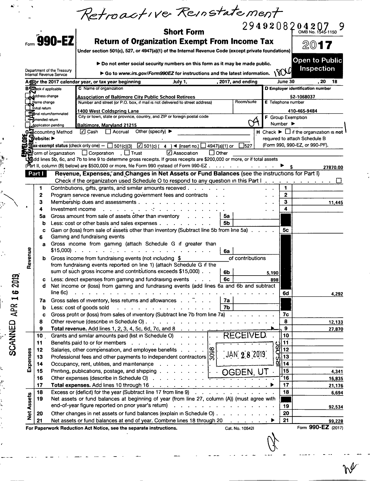 Image of first page of 2017 Form 990EO for The Association of Baltimore City Public School Retirees