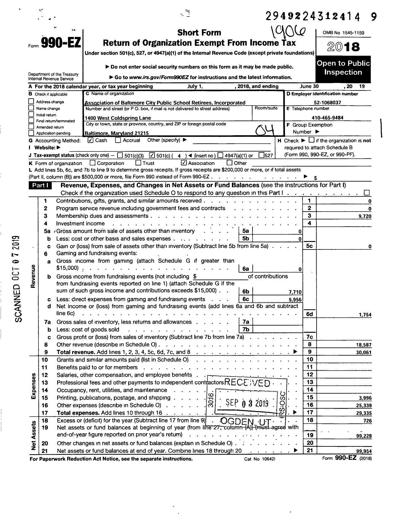 Image of first page of 2018 Form 990EO for The Association of Baltimore City Public School Retirees