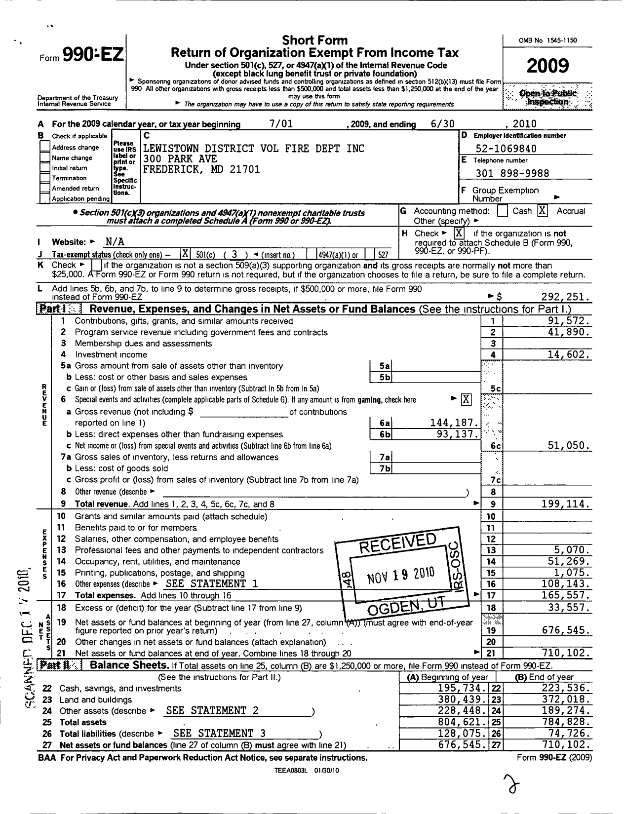 Image of first page of 2009 Form 990EZ for Lewistown District Volunteer Fire Dept