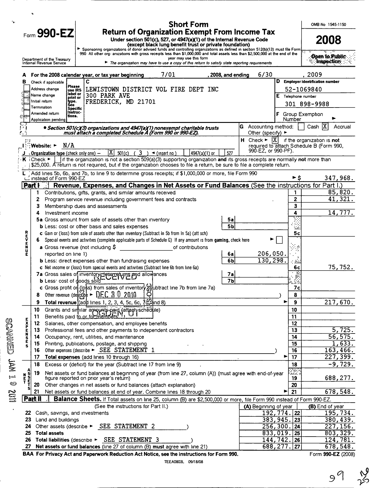 Image of first page of 2008 Form 990EZ for Lewistown District Volunteer Fire Dept