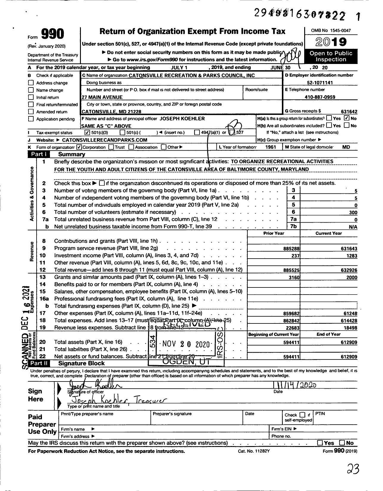 Image of first page of 2019 Form 990 for Catonsville Recreation and Parks Council