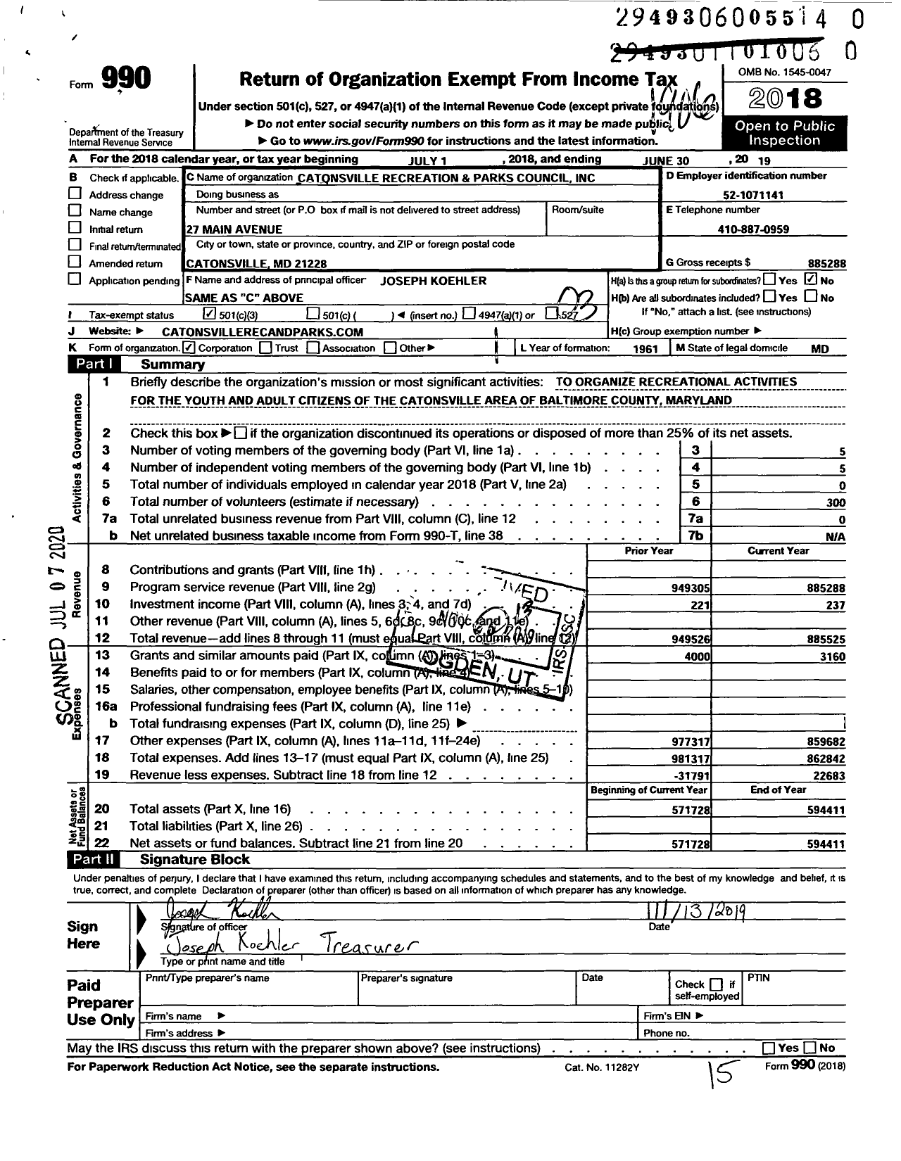 Image of first page of 2018 Form 990 for Catonsville Recreation and Parks Council