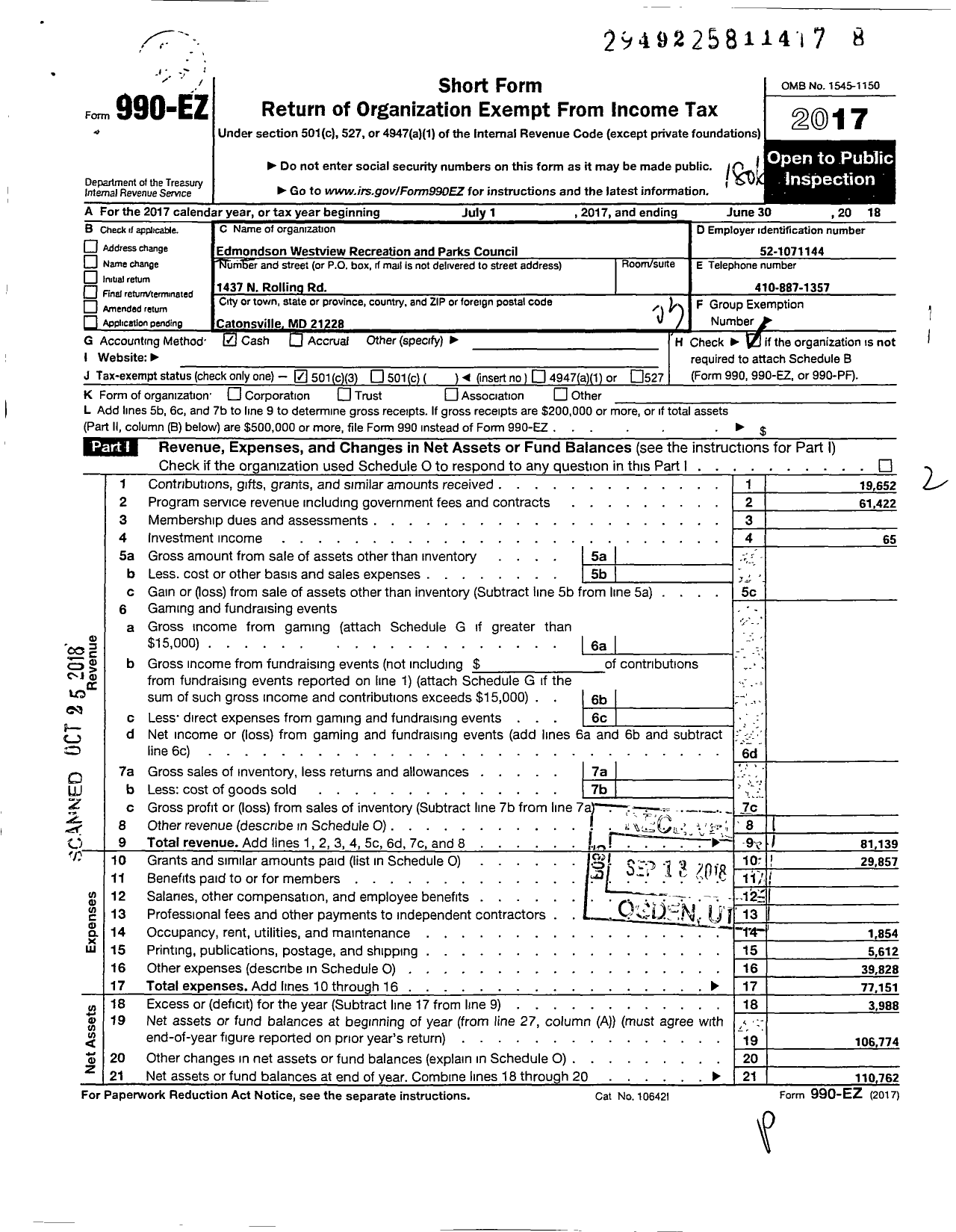 Image of first page of 2017 Form 990EZ for Edmondson Westview Recreation and Park Council